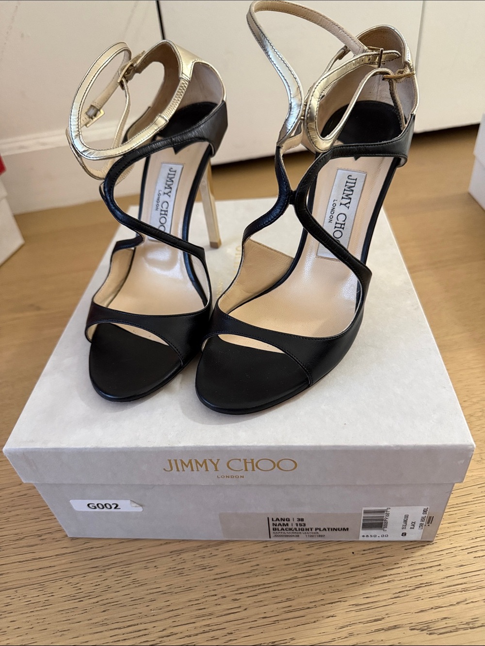 Jimmy Choo Lang Black/Light Platinum High Heel Sandals